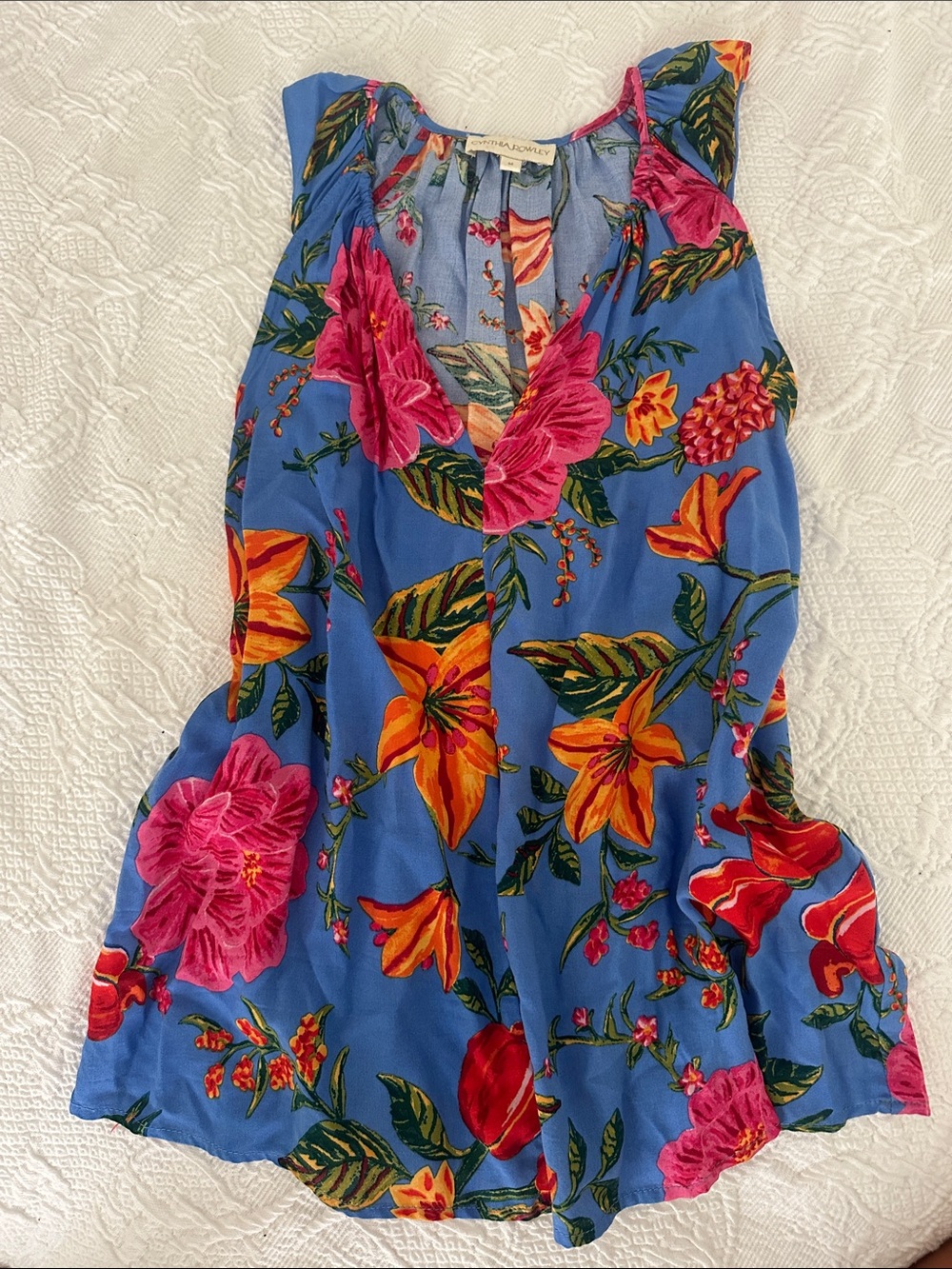 Cynthia Rowley Blue Floral V-Neck Sleeveless Blouse with Pink & Orange Flowers